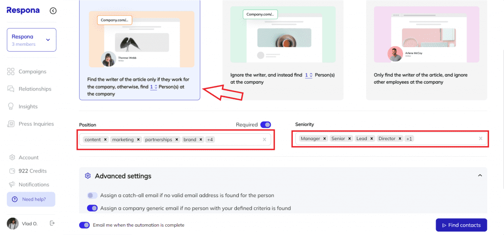 setting up respona contact search